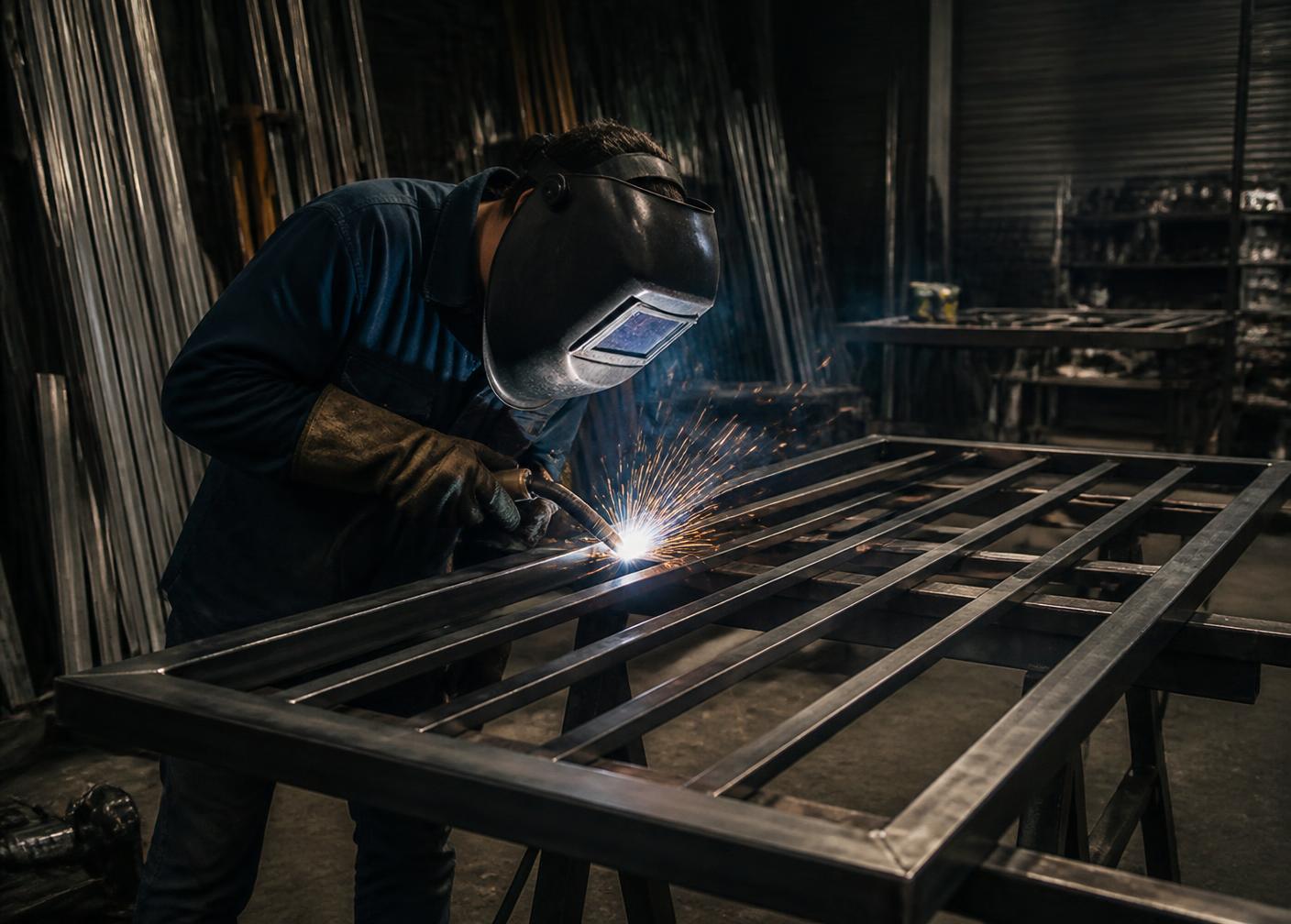 Welder fabricating a steel security gate frame in a workshop, sparks flying