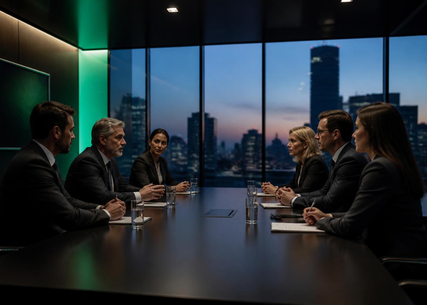 Two groups of business people meeting across a boardroom table at dusk