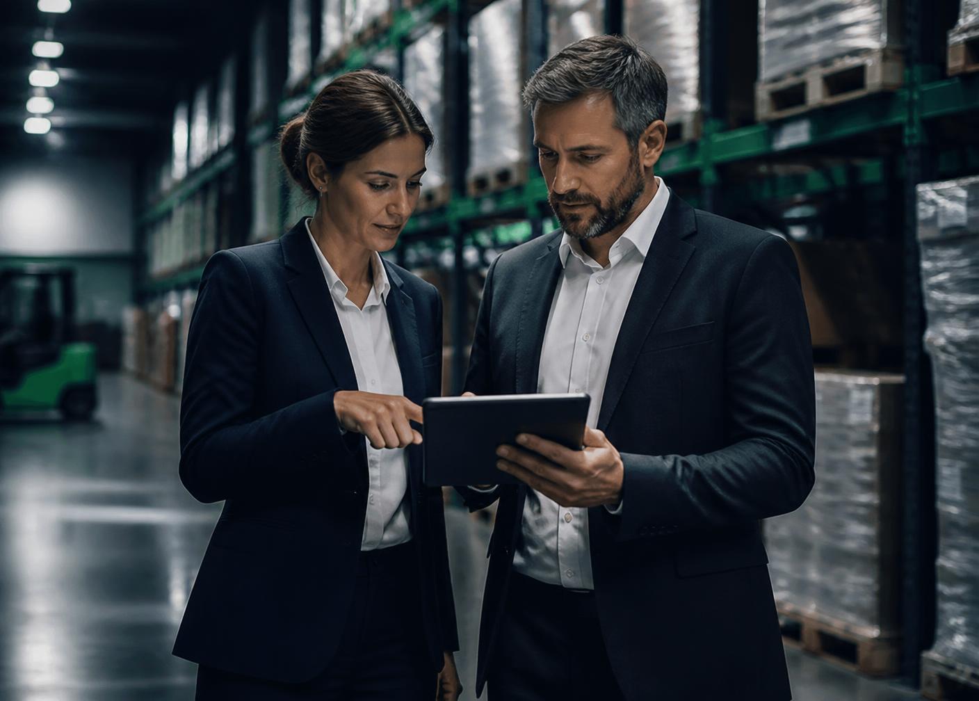 Two business professionals reviewing supplier information on a tablet inside a warehouse