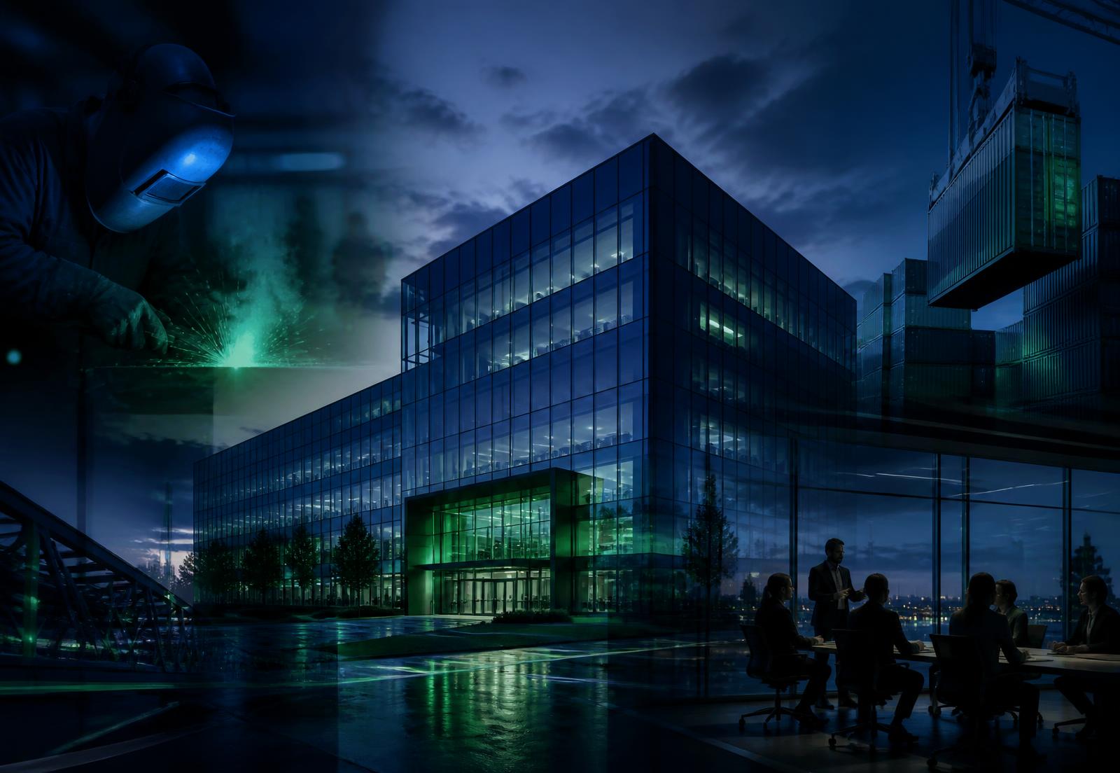 Corporate headquarters at dusk blended with fabrication, logistics and boardroom imagery representing the SBU Holdings business group